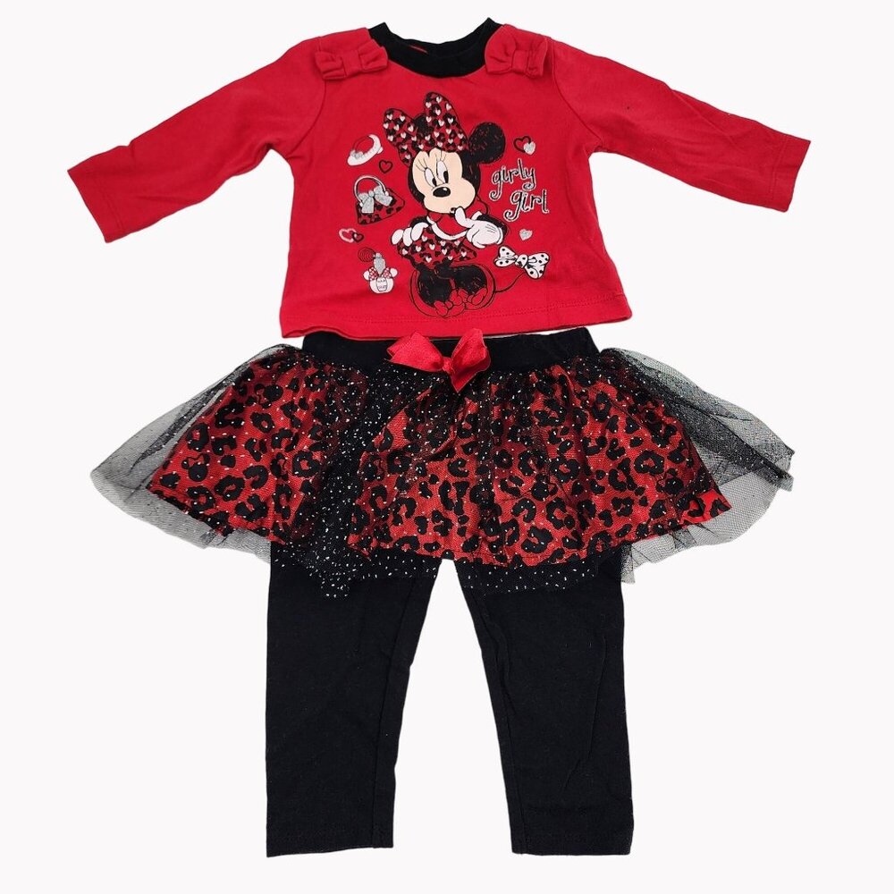 Disney Minnie Mouse Baby Girls 12M Outfit Cheetah Tutu Top Black Leggings Set